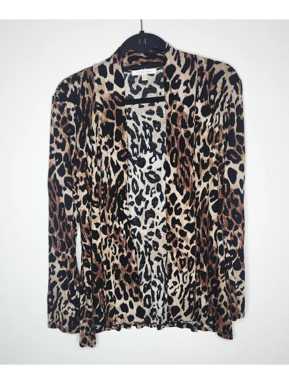 G Collection Cardigan Womens Large Brown Black Leopard Animal Print Open Front